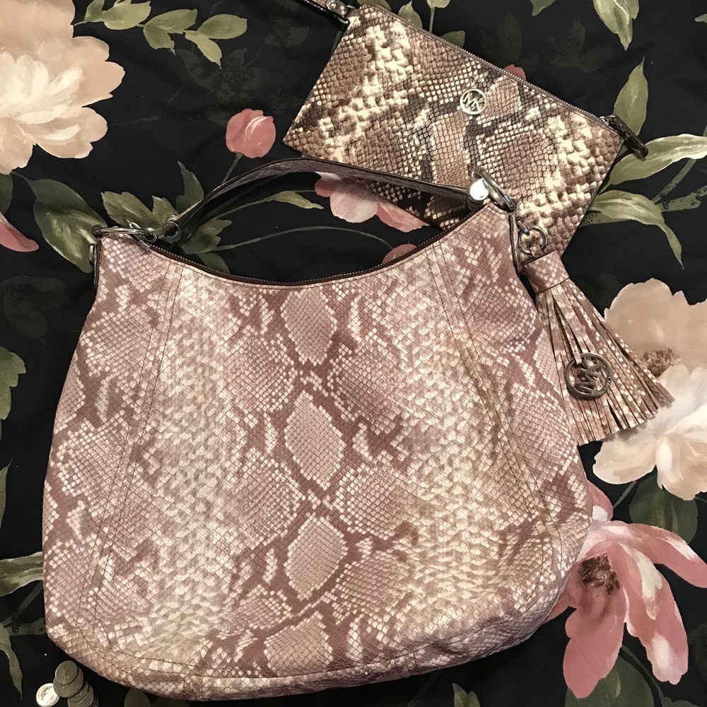 Michael Kors snakeskin hobo bag + wristlet